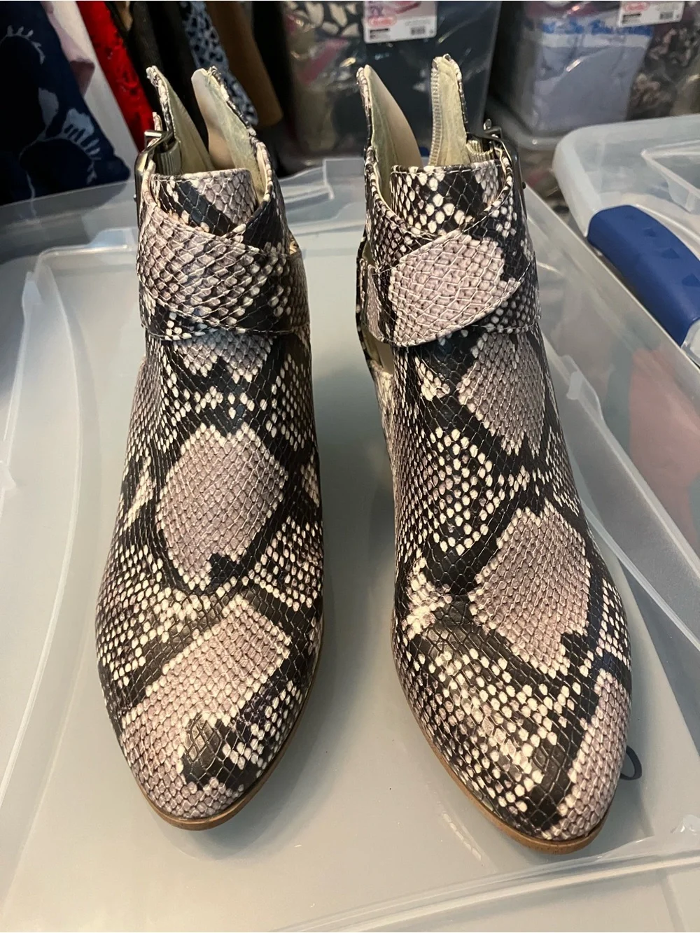 Fergalicious Grey and Black Snake-Print Ankle Booties